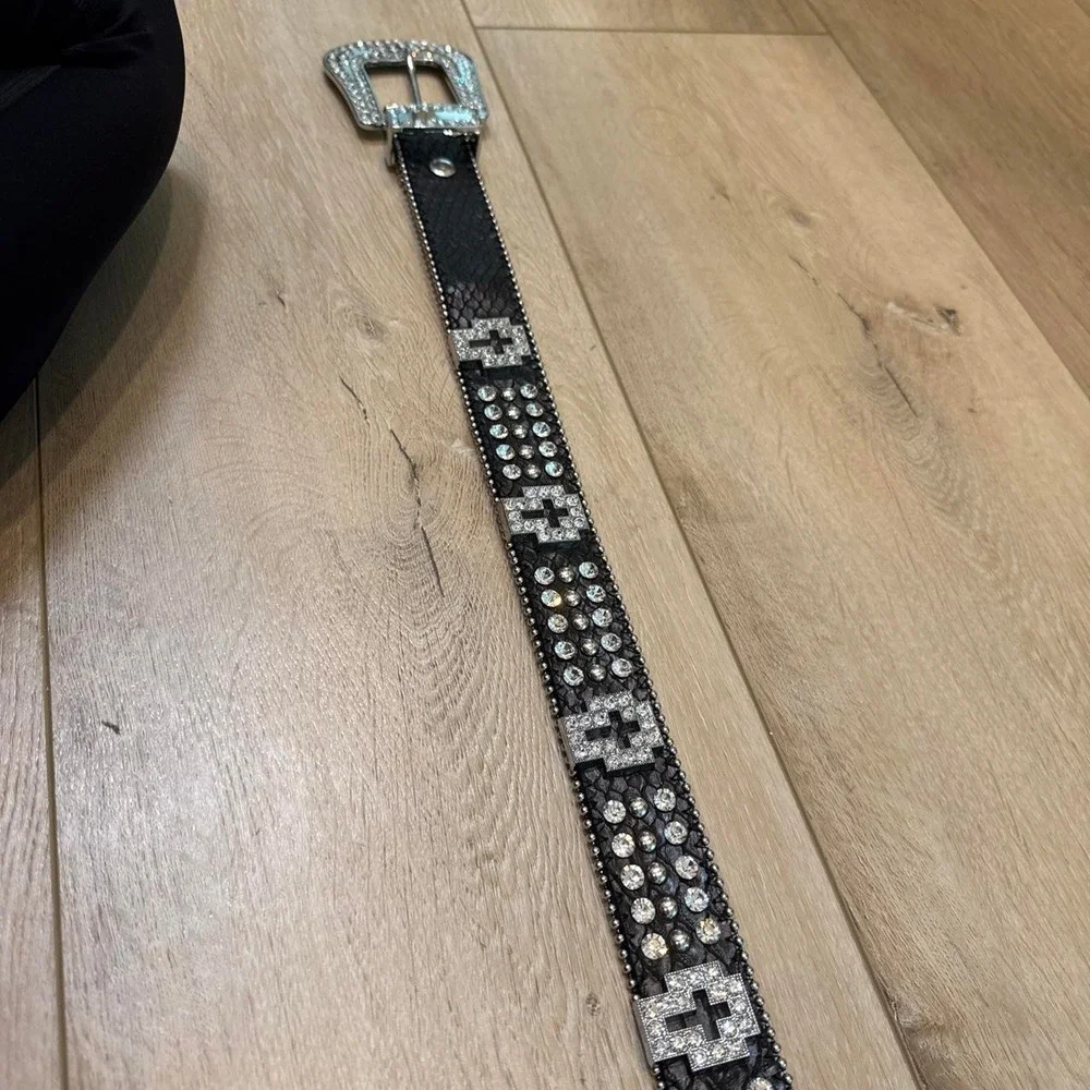 Black leather studded belt with rhinestones